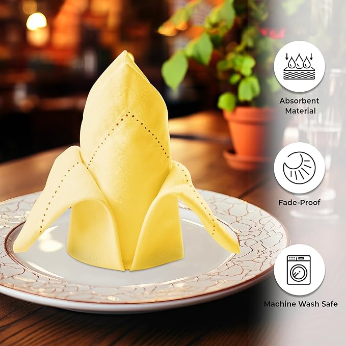 Urban Villa Cloth Napkins Set of 12 20x20 Inches 100% Cotton Hemstitch Napkins Cloth Washable Durable Reusable Absorbent Table Dinner Napkins Cloth for Hotel Lunch Restaurant Weddings Parties – Yellow
