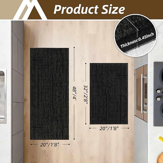COSY HOMEER Kitchen Rugs 20"x32"+20"x48",Absorbent Soft Kitchen Mats for Floor,Non Slip Kitchen Runner Rug,Washable Kitchen Floor Mats for Sink Mat,Hallway,Laundry,Black