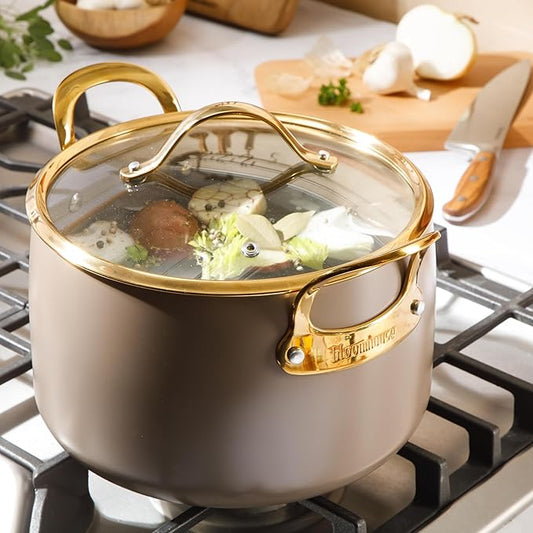 Bloomhouse - Two Time Oprah's Favorite Things Winner - 8 Quart Stock Pot w/Lid – PFAS-Free Ceramic Nonstick Dutch Oven Heavy Duty Aluminum Oven Safe Dishwasher Safe Cappuccino Cream w/Gold Handles