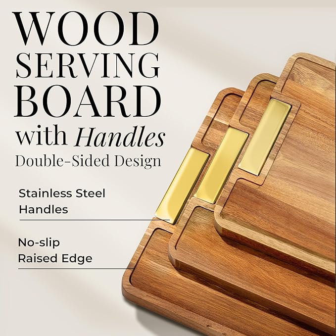 Wood Cutting Board Set with Holder – Double Sided Cutting Board with Handle (Gold) – 4 Piece Wooden Chopping Board Set with Stand – Reversible Charcuterie Tray for Stylish Kitchens