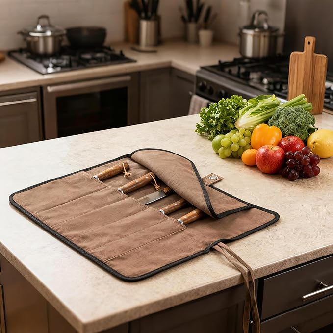 VRUIFA Chef’s Knife Roll Bag, Portable Canvas Cases, Chef Bag With 5 Slots Pockets Can Hold Kitchen Knife Tools Up To 15 Inch