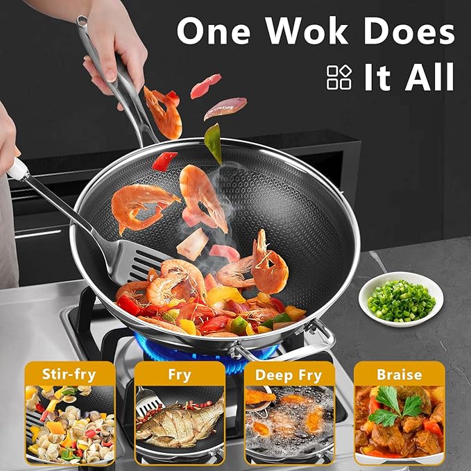 SAKAMOSH Hybrid 12 Inch Wok Pan with Lid, 5QT Stainless Steel Deep Woks & Stir-fry Pans with Flat Bottom, Stay-Cool Handle, Induction & Dishwasher & Oven Safe, Non Toxic, PFOA Free Skillet Cookware