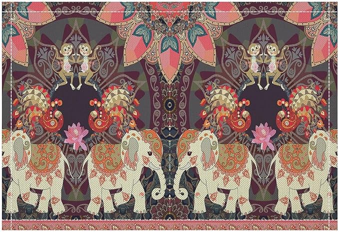 Boho Mandala Placemats Set of 4 Indian Ethnic Elephant Art Printed Dining Table Mats for Restaurant Home Kitchen Holiday Picnic Party Decor 12x18in