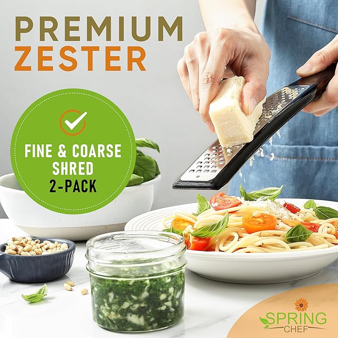 Spring Chef Stainless Steel Lemon Zester, Fine & Coarse Shred, Set of 2 & Professional Cheese Box Grater, XL Size - 2 Product Bundle - Black