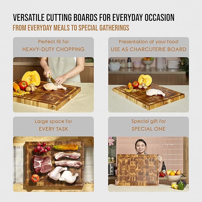 Bearchop Teak Cutting Boards for Kitchen, [17" x 13" x 1.5"] Medium End Grain Cutting Boards, Solid Teak Wood Butcher Block Cutting Board with Juice Grooves and Handle, Knife Friendly and Reversible