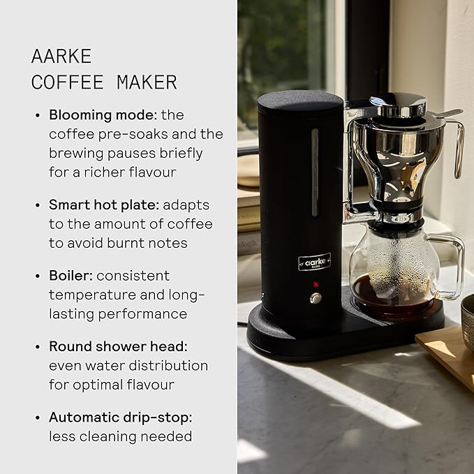 Aarke Coffee Maker - Electric 10 Cup / 42 fl oz Drip Brewer with Automatic Drip-Stop, Glass Carafe, Brews Full Pot in Under 6 Minutes, SCA Certified, Matte Black