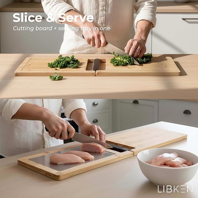 Multifunctional Bamboo Cutting Board – Minimal Scandinavian Design, 5-in-1 Foldable Kitchen Chopping Board with Stainless Steel Inlet & Grooves for Bread, Vegetables, Meat, and Fish