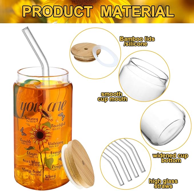 Lallisa Christian Sunflower Gifts for Women 15 oz Iced Coffee Glass Cups with Bamboo Lid and Straw Inspirational Bible Verse Can Cups Religious Sunflower Drinking Jars for Beer Mom Her Friend Wife