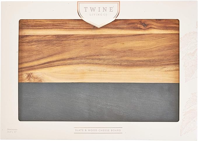 Twine Rustic Farmhouse Wood with Slate Cheese Board and Chalk Set, Acacia Wood and Natural Slate Cutting Board, Soapstone Chalk, 15" by 11", Gourmet Gift Set