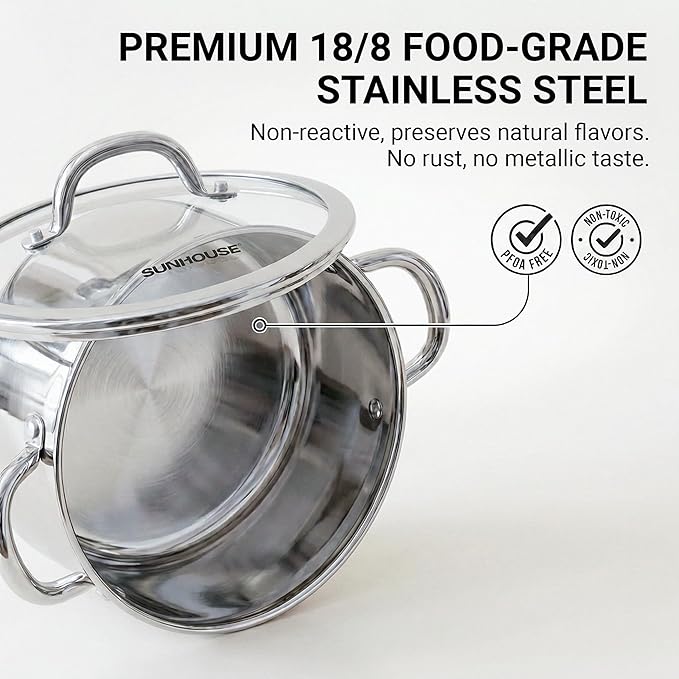 Sunhouse Professional 12-Quart Whole-Clad Multi-Ply Stainless Steel Stock Pot with Lid - Premium 18/10 Whole Body Clad Stock Pot - Induction Ready, Oven Safe Dishwasher Safe Cooking Pot
