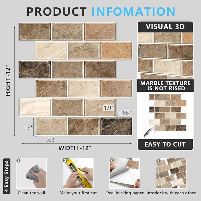 URCOLOR 10-Sheet Stick on Backsplash for Kitchen,12"x12" Peel and Stick Self Adhesive Wall Tiles Back Splashes for Bathroom Brown Marble Look