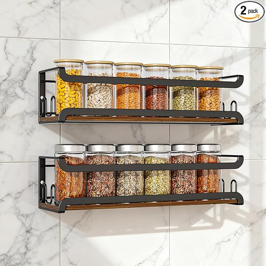Doakhirmit Wall Mounted Spice Rack with 16 Hooks, Rustic Wood Spice Organizer Shelf for Stove Cabinet Pantry Door,Screw or Adhesive Hanging Spice Shelf,Wall Spice Rack in Kitchen and RV,2 Pack