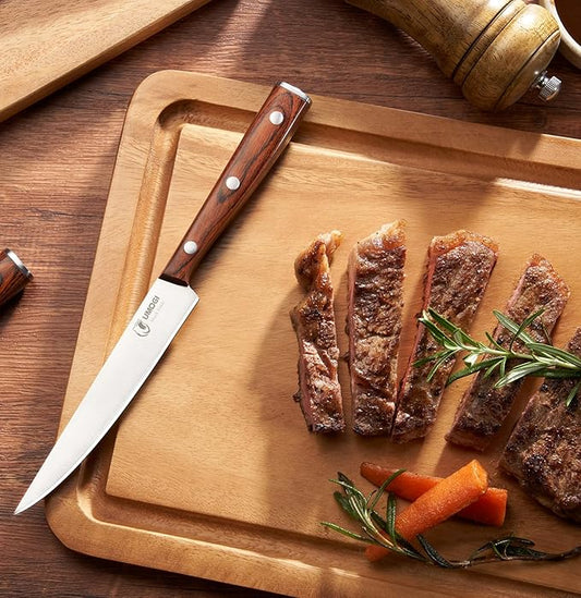 Premium Steak Knives Set of 6 in Gift Box - Polished Wood Handle, HC German Stainless Steel, Straight Edge Non Serrated - 4.8''Dinner Knife, Kitchen Tableware Knives Cutlery Set