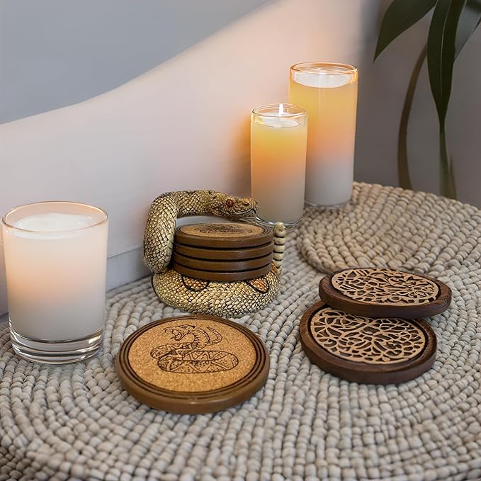 Pine Ridge Snake Coaster Set - Snake Drink Coasters, Unique Bar Decor and Accessories, Home Decorations for Dining Room or Home Bar - Modern Coaster Set with Holder for Man Cave