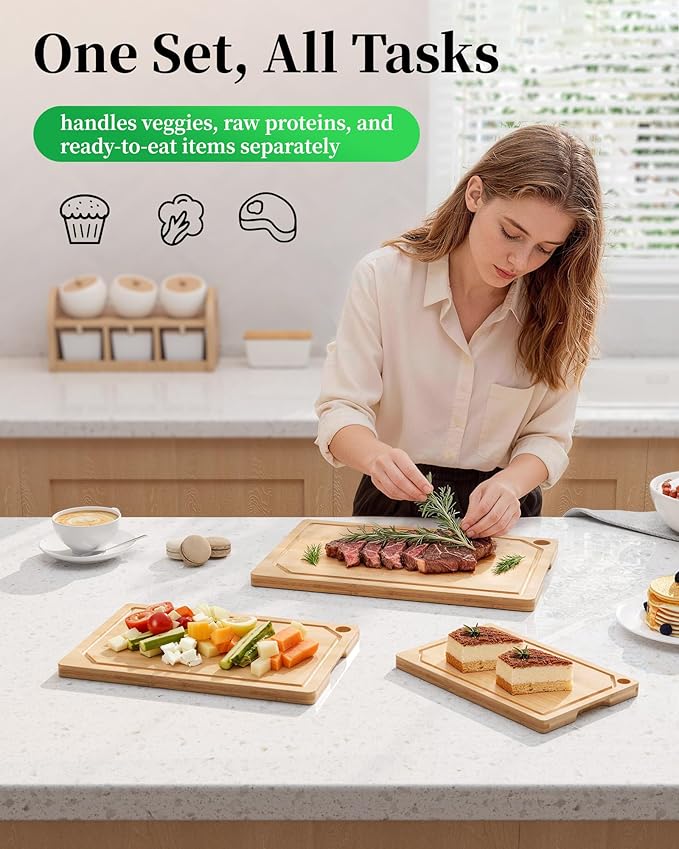 Kitsure Cutting Board Set - 3-Piece Wooden Cutting Boards for Kitchen with Juice Groove, Handles, Hang Holes, Stylish Kitchen Essentials for Chpping & Serving, Natural, 0.4"Th - (L+M+S)