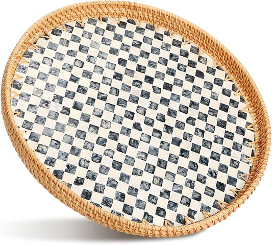 16 inch Round Rattan Tray with Mother of Pearl Inlay Wicker Serving Tray with Wooden Base Boho Decorative Wicker Basket for Table Decor Bathroom Candle Perfume(Black Checkerboard)