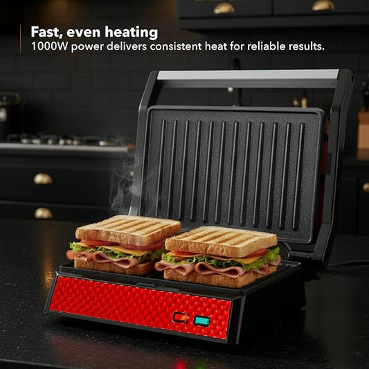 OVENTE Electric Indoor Panini Press Grill and Sandwich Maker with Non-Stick Coated Plates, Cool-Touch Handle and Removable Drip Tray, Opens 180 Degrees to Fit Any Type or Size of Food, Red GP0540R