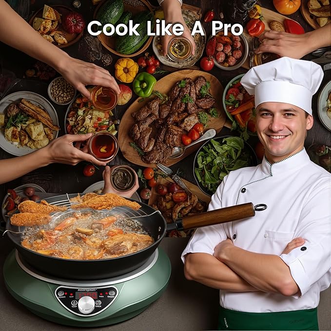 Abangdun 1700W 120V Wok Induction Cooktop,Non-Pulse Heating,16 Levels,18H Timer,13.4" Nitrided Carbon Steel Wok Set w/Lid&Steaming Rack,Round-Bottom Wok+ Flat Pan Compatible (<9"), Wok-Style Stir-Fry