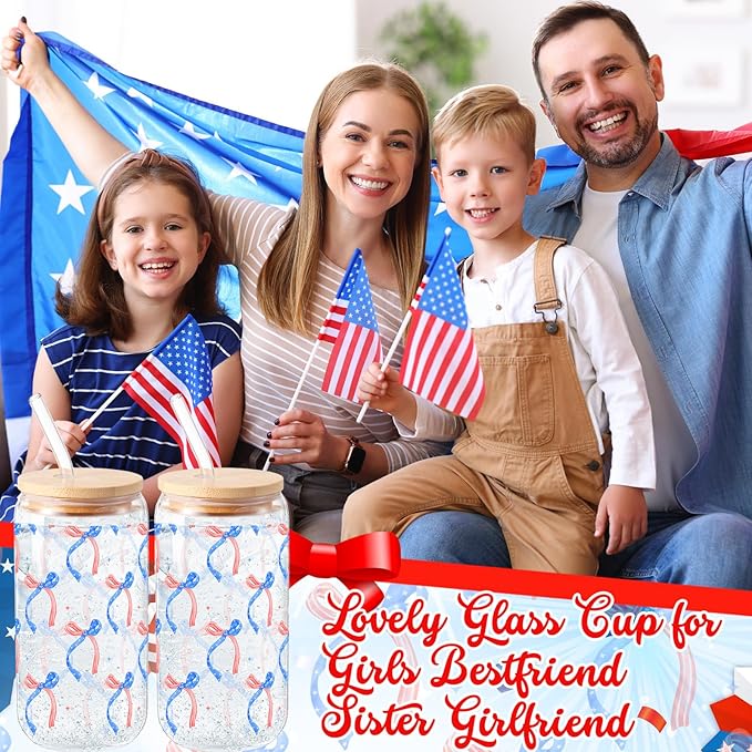 Sliner 2 Pcs Veterans Day Glass Cups Patriotic Bow Gifts Drinking Tumbler 16 oz Iced Coffee Cup with Lid Straw Cleaning Brush for 4th of July Independence Day Summer Home Office Decorations