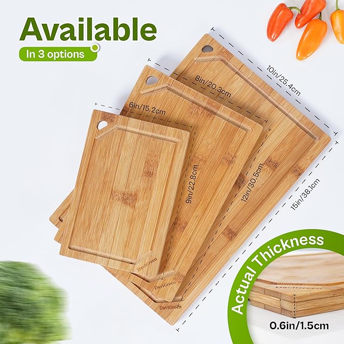 DaviGreen Bamboo Cutting Board Set of 3, 0.6-Inch Thick, Juice Groove, Hidden Handles, Reversible Bamboo Boards for Kitchen Prep & Serving