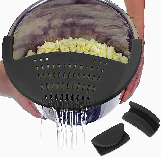 Salbree Silicone Snap Strainer fits the 6qt Instant Pot and Snaps to the 6 quart Instapot Pressure Cooker Inner Pan Small Mitts Set Included, for Straining Vegetable and Ground Beef Grease (black)