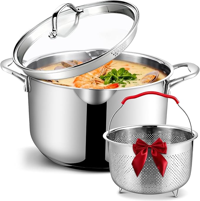 AOSION 6 Quart Stainless Steel Stock Pot with Deep Fryer Basket, 6QT Large Stockpot with Glass Strainer Lid,Ollas De Cocina for Spaghetti, Pasta Pot with Strainer,Compatible with All Cooktops.