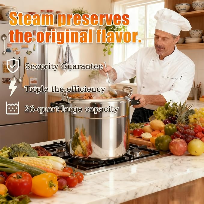 kilogorge 26 Quart Clamp On Pressure Cooker,Heavy-Duty Aluminum Pressure Cooker with Safety Bar Locking Lock, 2 ValvesrFast Cooking,for All Stovetops (Induction Compatible), for Family or Commercial
