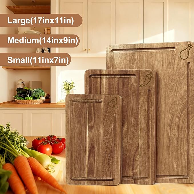 Acacia Wood Cutting Board for Kitchen,Built-In Handles with Juice Groove Chopping,Large Medium Small Board Set of 3 for Meat, Vegetables And Fruits,Kitchen Essential Gift (Gray)
