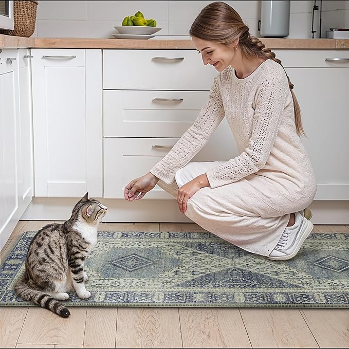 GENIMO Kitchen Mats for Floor, Washable Anti Fatigue Mat for Cushioned, 17.3"x59", Waterproof Kitchen Rugs, Non Slip Foam Comfort Standing Mat Rug for Home, Runner, Sink, Laundry, Blue