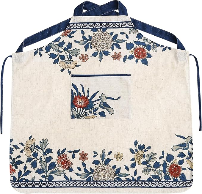 patdrea Blue Floral Linen Apron with Pocket,French Kitchen Garden Chef BBQ Aprons for Women and Men,Crisscross Back Straps