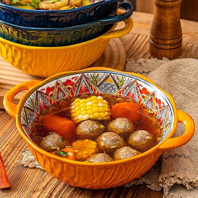 2 Pack Boho Ceramic Serving Bowls with Handles, 40 Oz Porcelain Salad Bowls, Large Serving Dishes for Entertaining, Mixing Bowls for Soup, Stew, Pasta, Cereal, Colorful Embossed Cute Bowls Set BLDS