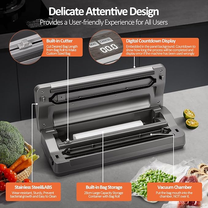 Anybear Vacuum Sealer Machine, 90kPa 120W Wide Seal All-IN-1 Powerful Food Storage, Build-in Cutter | Bags Storage | Digital Countdown Display | 2 Bag Rolls and 5pcs Pre-cut Bags (Gray)