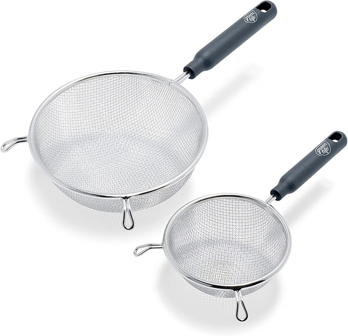 GreenLife Cooking Tools and Utensils, 2 Piece Extra Fine Stainless Steel Mesh Strainer Kitchen Set, Stay Cool Handles, Dishwasher Safe, BPA-Free, Grey