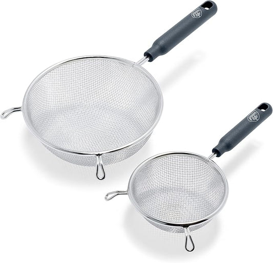 GreenLife Cooking Tools and Utensils, 2 Piece Extra Fine Stainless Steel Mesh Strainer Kitchen Set, Stay Cool Handles, Dishwasher Safe, BPA-Free, Grey
