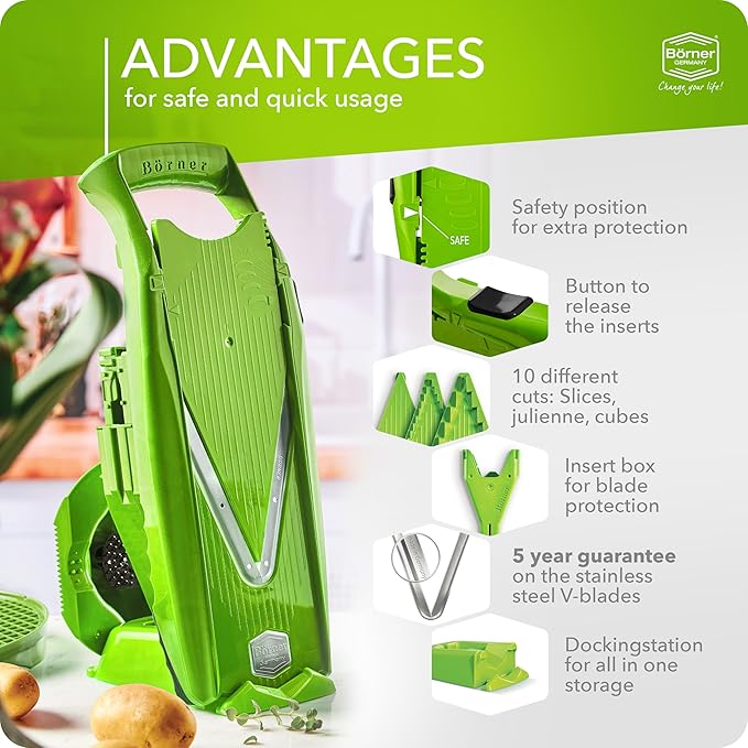 Mandoline Food Slicer Börner V5 (Profi Set) by Reston Lloyd • V-Slicer with 4 Inserts, Docking Station & Food Holder • Made in Germany • Fruit & Vegetable Chopper • Multiple Settings • Color: Lime