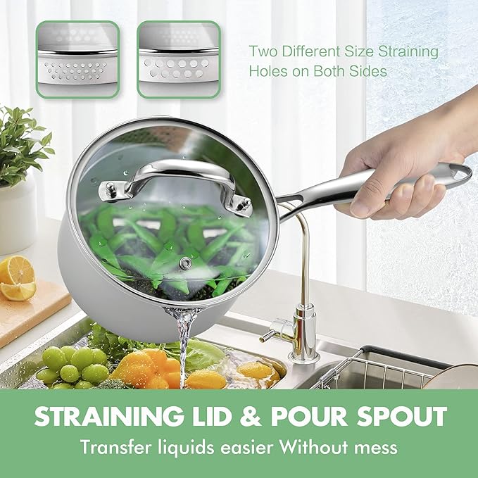 Fracoda 2.5 Quart Stainless Steel Pot Saucepan with Glass Strainer Lid, Sauce Pot with Two Side Spouts, Induction Cooking Pot, Multipurpose Sauce Pan with Lid for Cooking(Tri-Ply Full Body)