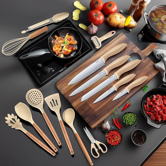 RAXCO Cooking Utensils Set,12-Piece Kitchen Utensils and Accessories,6-Piece Knife set,utensilios de cocina,Khiki