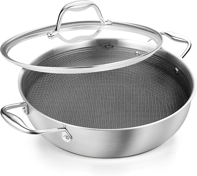 KOCH SYSTEME CS Triply Stainless Steel Saute Pan 12 Inch, Nonstick Hybird Stainless Steel Saute Pan with Lid, 6 Quart Deep Frying Pan with Honeycomb Interior, 18/10 Steel Pans, Induction Compatible