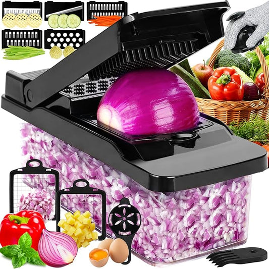 12 in 1 Vegetable Chopper Mandoline Slicer, Dicer Shredder Julienne Food Veggie Onion Chopper Cheese Grater with Container Salad Cutter Multi All-in-1 Kitchen Gadgets & Home Essentials