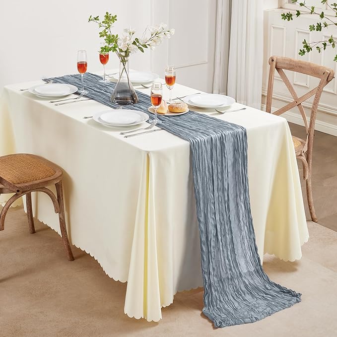 24 Pack Dusty Blue Cheesecloth Table Runner 10FT Long Boho Gauze Table Runner Rustic Sheer Runner for Wedding Bridal Baby Shower Birthday Party Table Decor Home Easter Thanksgiving Decorations