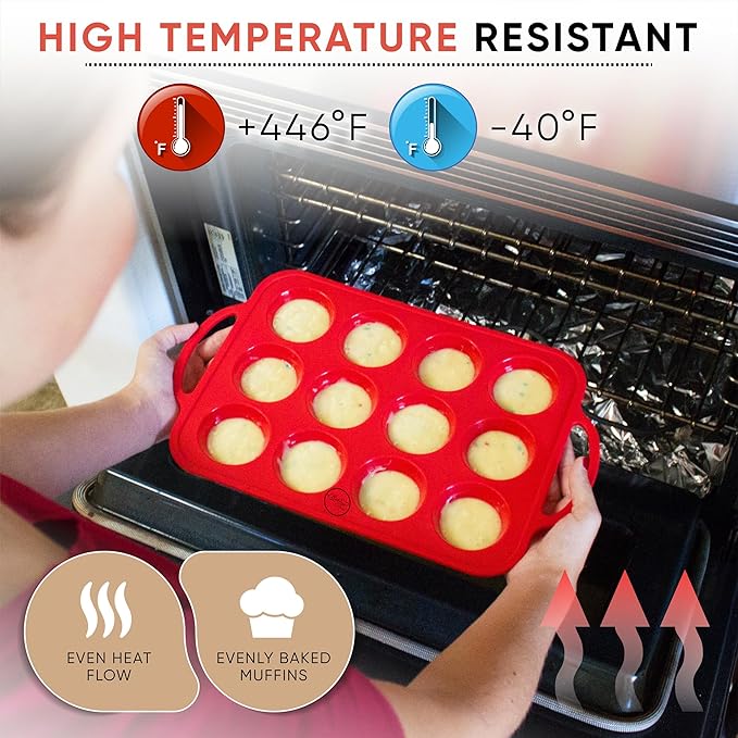 BAKE BOSS 12-Cup Silicone Mini Muffin Pans for Baking with Metal Handles – Nonstick Silicone Cupcake Molds For Baking, Eggs & Cupcakes – BPA-Free, Dishwasher Safe, Red