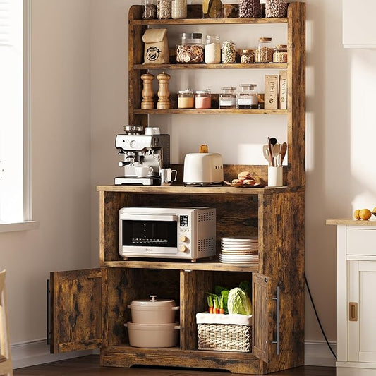 IDEALHOUSE Bakers Rack With Storage Cabinet, Microwave Stand With Power Outlets, Farmhouse Bakers Rack With Thick Table Top, Small Kitchen Pantry Hutch Bakers Rack for Kitchen, Dining Room,Retro Brown