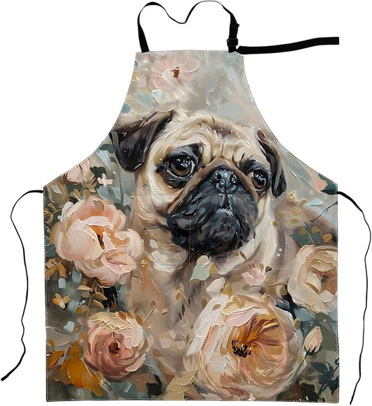 Pug and Flowers Apron Charming Dog Portrait with Soft Floral Aprons Waterproof Oxford Polyester Adjustable Pockets Design for Cooking, Crafting, Garden Decor, Gifts for Pet Lovers, 28x33 Inch