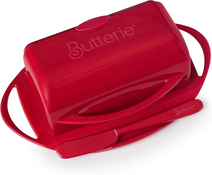 Butterie Flip-Top Butter Dish with Lid & Matching Knife, Holds 2 Sticks/European Butter, No-Mess Butter Holder, Shatterproof, Dishwasher Safe, Red