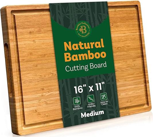 Bamboo Cutting Board for Kitchen - 16" Wooden Cutting Board with Side Handles, Deep Juice Groove, Heavy Duty Chopping Board & Serving Tray, Large Reversible Charcuterie & Cheese Board for Meat Serving