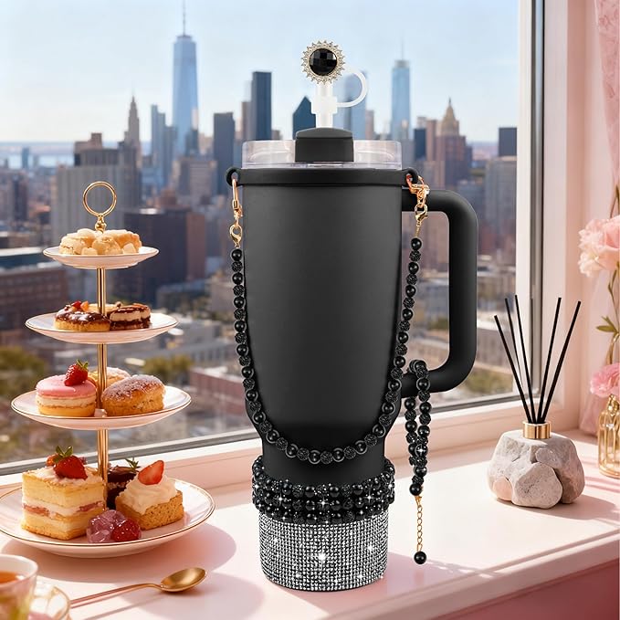 9PCS Black of Stanley Cup Accessories Set 30/40 OZ Bling Pearl Rhinestones Charms for Stanley Decorations Tumbler Accessories Including Flower Straw Topper, Rhinestones Boot 30/40 OZ