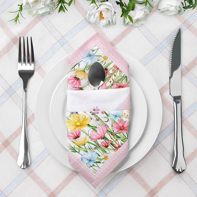 Wildflower Napkins, 18×18 Inch Butterfly Dinner Cloth Napkins Set of 6, Washable Cotton Soft Absorbent Square Napkins for Dining Kitchen Party Wedding Decoration