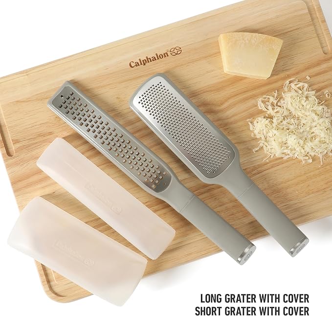 Calphalon Edge 2 Piece Stainless Steel Handheld Cheese Grater and Lemon Zester W/Covers & Rubber Handles - Taupe