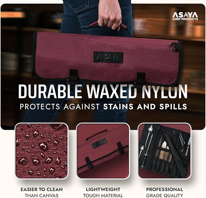 Asaya Chef Knife Roll Bag - 20 Total Pockets for Knives and Kitchen Utensils - Made with Stain Resistant Waxed Nylon - For Chefs and Culinary Students - Knives Not Included(Red)