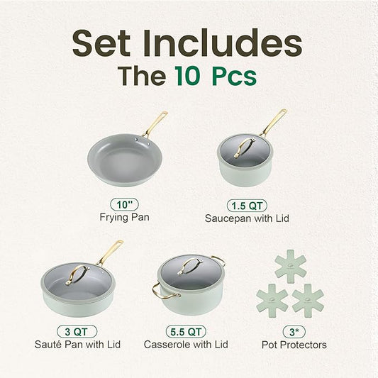 Chef Power Ceramic Cookware Sets, 10Pcs Pots and Pans Set Non Stick, Cookware Set with Stainless Steel Handle, Dishwasher & Oven Safe, Sage Green and Granite Grey